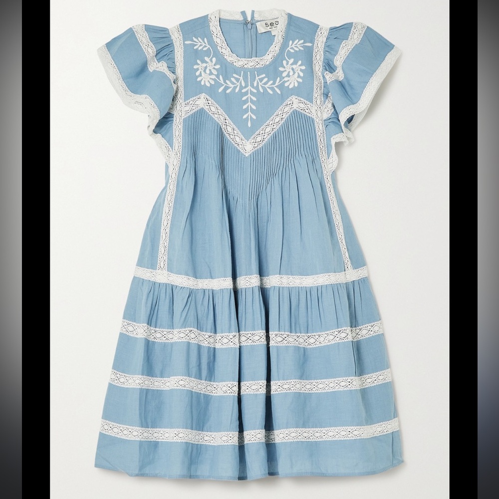 SEA NY Kyla Lace-Trimmed Embroidered Cotton-Chambray Mini Dress
